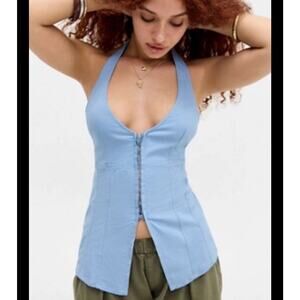 URBAN OUTFITTERS Blue Sari Halter Top Linen Blend Seamed Hooks Fitted Size M NWT